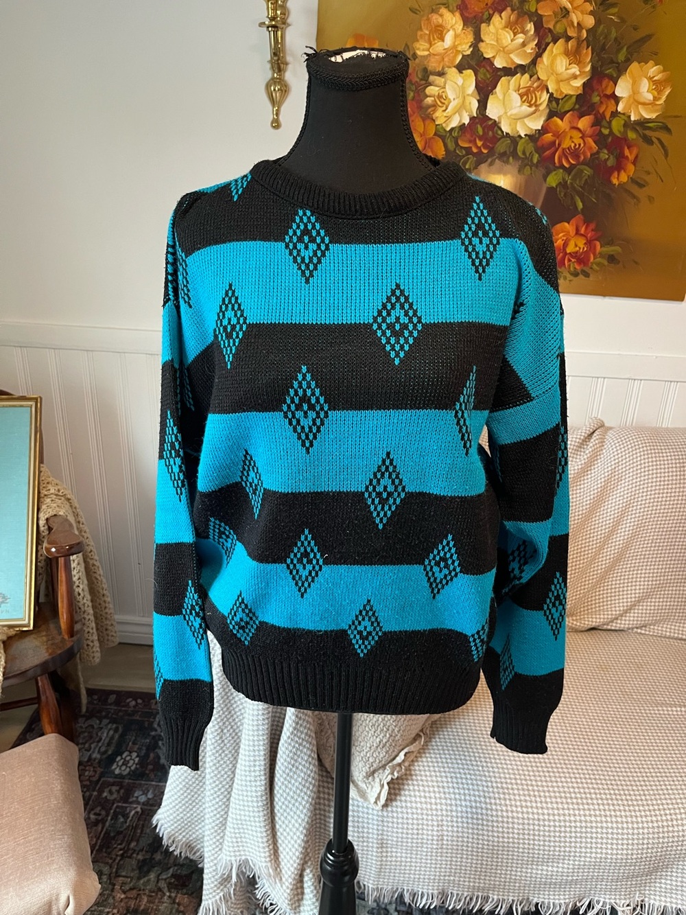 Oak Tree Vintage Knit Black & Blue Patterned Crewneck Pullover Sweater Size M
